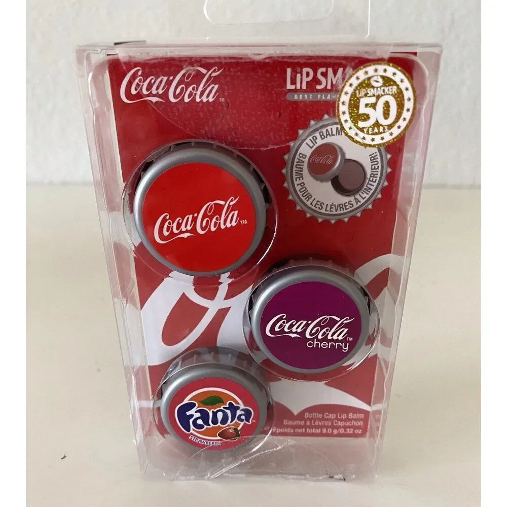 Set Of 3 Lip Smacker Cherry Coke Coca‎ Cola Classic Fanta Strawberry Lip Balms